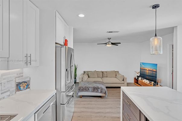 Interior, Kitchen, Living room, Pendant Lights, Recessed Lighting, Wood Texture Flooring