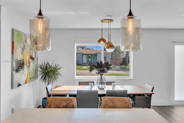 Dining room, Interior, Pendant Lights, Wood Texture Flooring