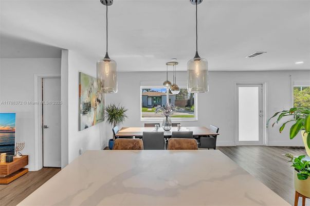 Dining room, Interior, Pendant Lights, Recessed Lighting, Wood Texture Flooring