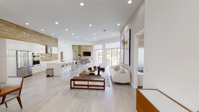 Interior, Kitchen, Living room, Recessed Lighting, Stainless Steel Appliances, Wood Texture Flooring