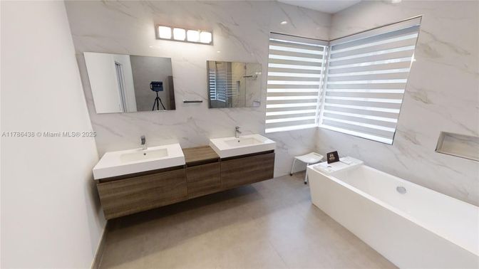 Bathroom, Dual Sink Vanities, Free Standing Baths, Interior, Marble Walls, Recessed Lighting