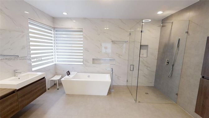 Bathroom, Free Standing Baths, Glass Shower, Interior, Marble Walls, Recessed Lighting