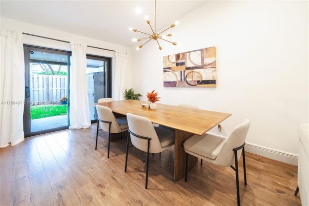 Dining room, Interior, Pendant Lights, Wood Texture Flooring