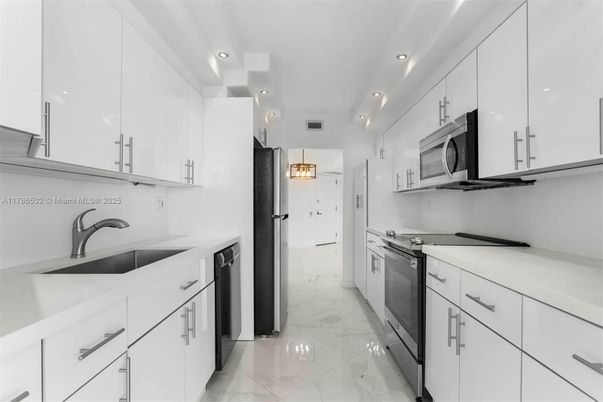 Interior, Kitchen, Marble, Recessed Lighting, Stainless Steel Appliances