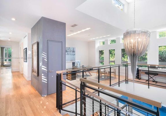 Chandelier, Home Office, Interior, Recessed Lighting, Wood Texture Flooring