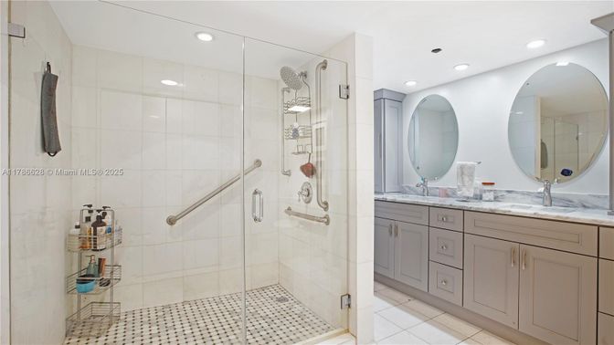 Bathroom, Dual Sink Vanities, Glass Shower, Interior, Recessed Lighting