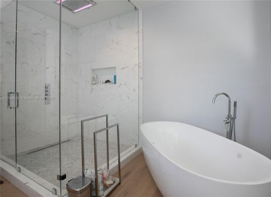 Bathroom, Free Standing Baths, Glass Shower, Interior, Marble Walls, Wood Texture Flooring
