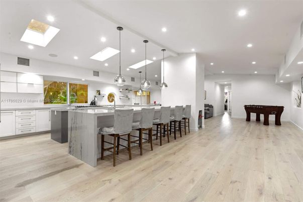 Billiard Table, Game Room, Interior, Kitchen, Pendant Lights, Recessed Lighting, Wood Texture Flooring