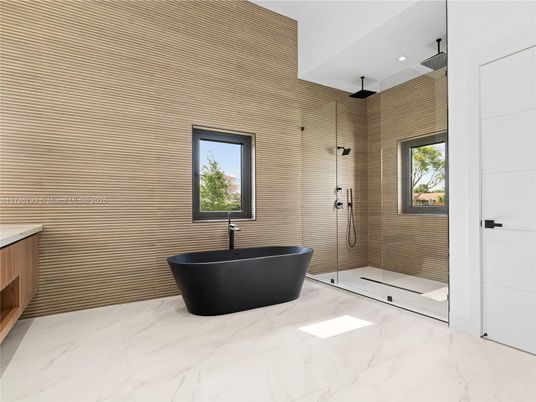 Bathroom, Free Standing Baths, Glass Shower, Interior, Marble, Recessed Lighting