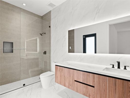 Bathroom, Glass Shower, Interior, Marble, Marble Walls, Recessed Lighting