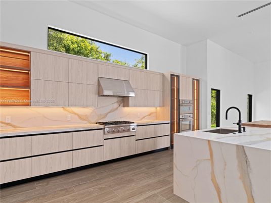 Interior, Kitchen, Marble Walls, Stainless Steel Appliances, Wood Texture Flooring