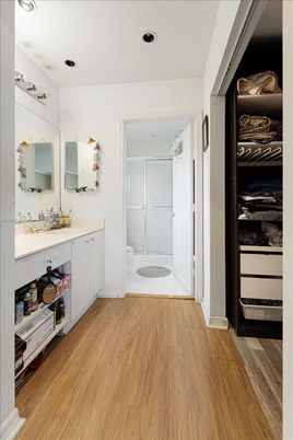 Bathroom, Glass Shower, Interior, Recessed Lighting, Wood Texture Flooring