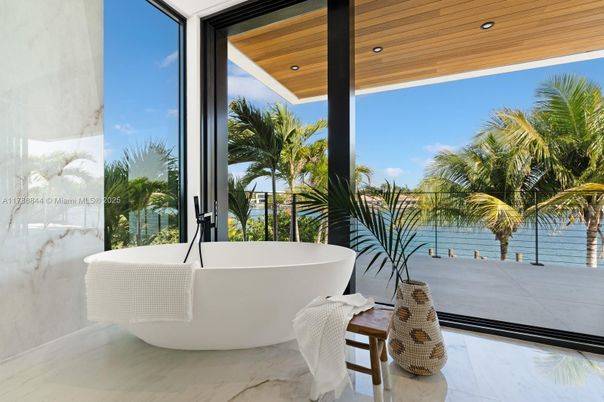 Bathroom, Free Standing Baths, Interior, Marble, Recessed Lighting, Wooden Ceilings