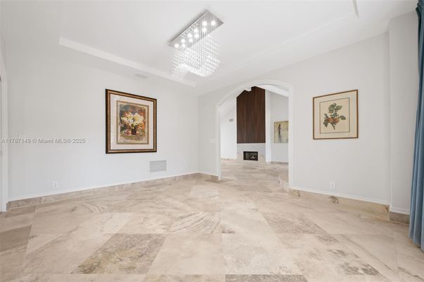 Chandelier, Empty room, Fireplace, Interior