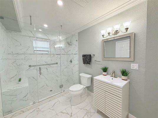 Bathroom, Glass Shower, Interior, Marble, Marble Walls, Recessed Lighting