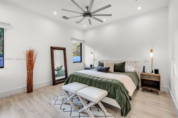Bedroom, Interior, Recessed Lighting, Wood Texture Flooring