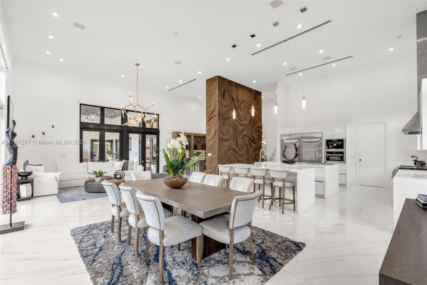 Dining room, Interior, Kitchen, Living room, Marble, Pendant Lights, Recessed Lighting, Stainless Steel Appliances