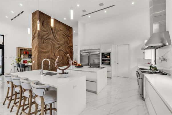 Interior, Kitchen, Marble, Pendant Lights, Recessed Lighting, Stainless Steel Appliances