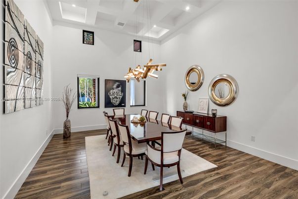 Dining room, Interior, Pendant Lights, Recessed Lighting, Wood Texture Flooring