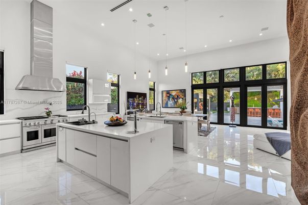 Interior, Kitchen, Marble, Pendant Lights, Recessed Lighting, Stainless Steel Appliances