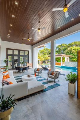Exterior, Pool, Recessed Lighting, Wooden Ceilings