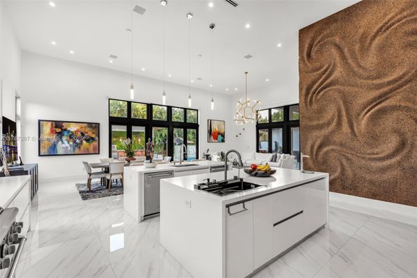 Dining room, Interior, Kitchen, Marble, Pendant Lights, Recessed Lighting