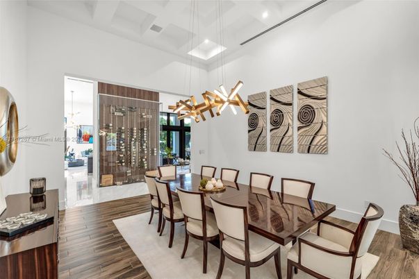 Dining room, Interior, Pendant Lights, Wine Storage, Wood Texture Flooring