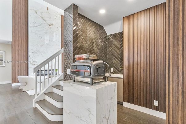 Interior, Marble Walls, Recessed Lighting, Wood Texture Flooring
