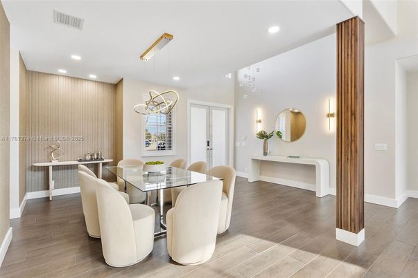Dining room, Interior, Pendant Lights, Recessed Lighting, Wood Texture Flooring
