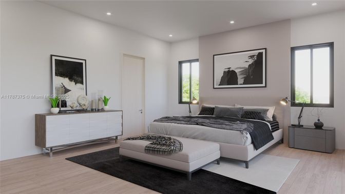Bedroom, Interior, Recessed Lighting, Wood Texture Flooring
