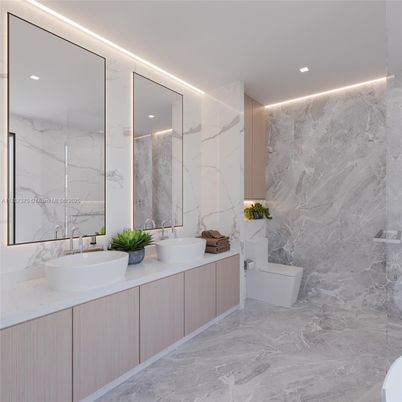 Bathroom, Dual Sink Vanities, Interior, Marble, Marble Walls, Recessed Lighting