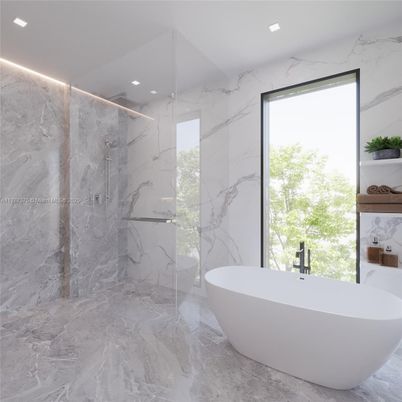 Bathroom, Free Standing Baths, Glass Shower, Interior, Marble, Marble Walls, Recessed Lighting