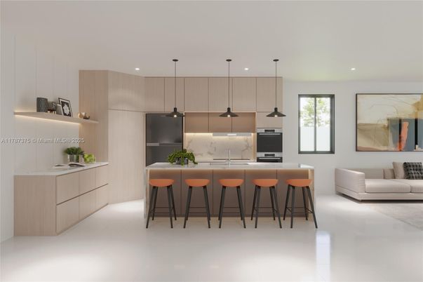 Interior, Kitchen, Marble Walls, Pendant Lights, Recessed Lighting, Stainless Steel Appliances