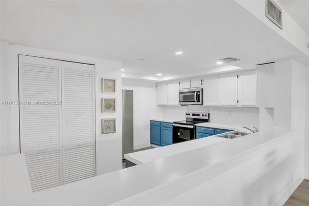 Interior, Kitchen, Recessed Lighting, Stainless Steel Appliances, Wood Texture Flooring