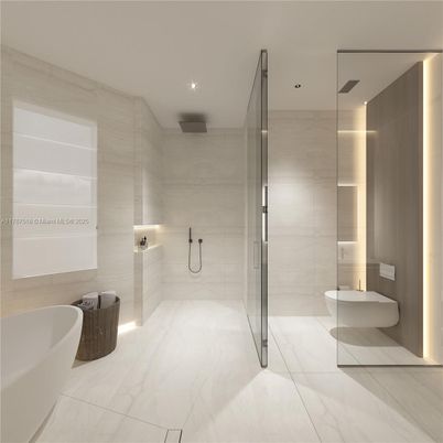 Bathroom, Free Standing Baths, Glass Shower, Interior, Marble, Recessed Lighting