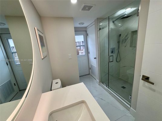 Bathroom, Glass Shower, Interior, Marble, Marble Walls, Recessed Lighting
