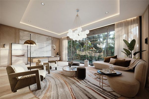 Interior, Living room, Marble Walls, Pendant Lights, Recessed Lighting, Wood Texture Flooring