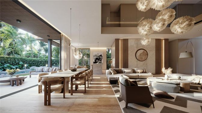 Dining room, Interior, Living room, Pendant Lights, Recessed Lighting, Wood Texture Flooring