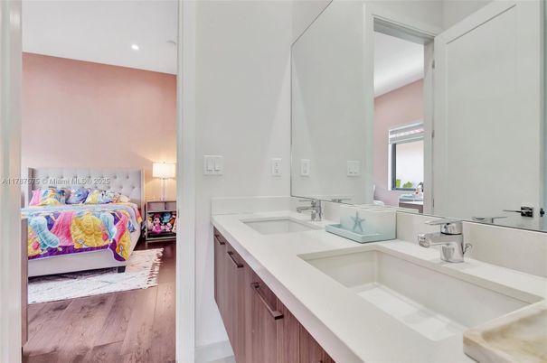 Bathroom, Bedroom, Dual Sink Vanities, Interior, Recessed Lighting, Wood Texture Flooring