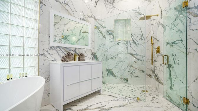 Bathroom, Free Standing Baths, Glass Shower, Interior, Marble, Marble Walls