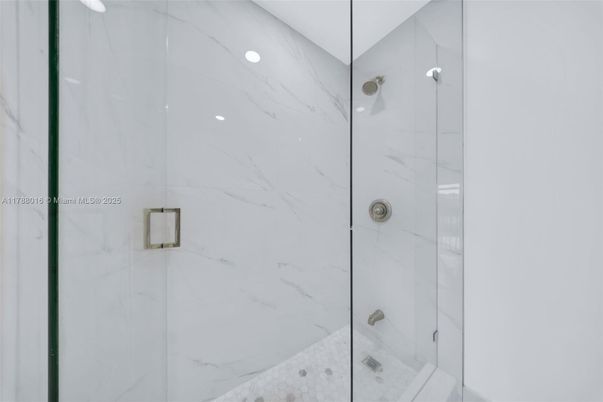 Bathroom, Glass Shower, Interior, Marble Walls, Recessed Lighting