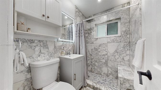 Bathroom, Glass Shower, Interior, Marble, Marble Walls, Recessed Lighting