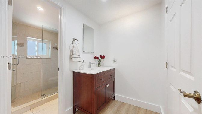 Bathroom, Glass Shower, Interior, Recessed Lighting, Wood Texture Flooring