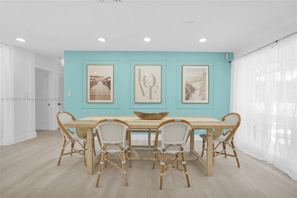 Dining room, Interior, Recessed Lighting, Wood Texture Flooring