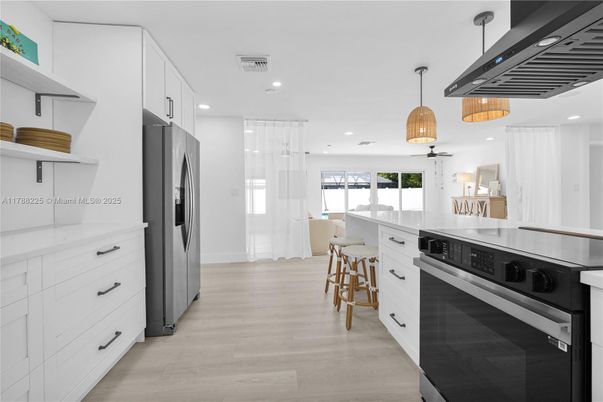 Interior, Kitchen, Pendant Lights, Recessed Lighting, Stainless Steel Appliances, Wood Texture Flooring