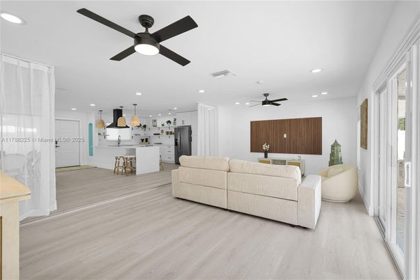 Interior, Kitchen, Living room, Pendant Lights, Recessed Lighting, Wood Texture Flooring