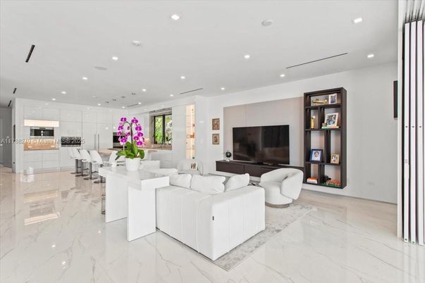 Dining room, Interior, Kitchen, Living room, Marble, Recessed Lighting, Stainless Steel Appliances