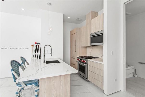 Interior, Kitchen, Marble, Pendant Lights, Recessed Lighting, Stainless Steel Appliances