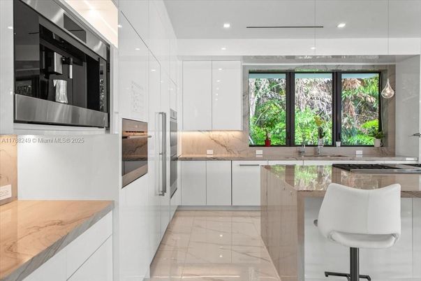Interior, Kitchen, Marble, Pendant Lights, Recessed Lighting, Stainless Steel Appliances
