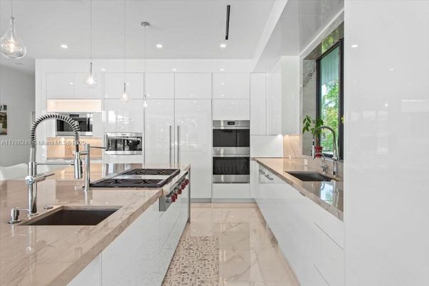 Interior, Kitchen, Marble, Pendant Lights, Recessed Lighting, Stainless Steel Appliances